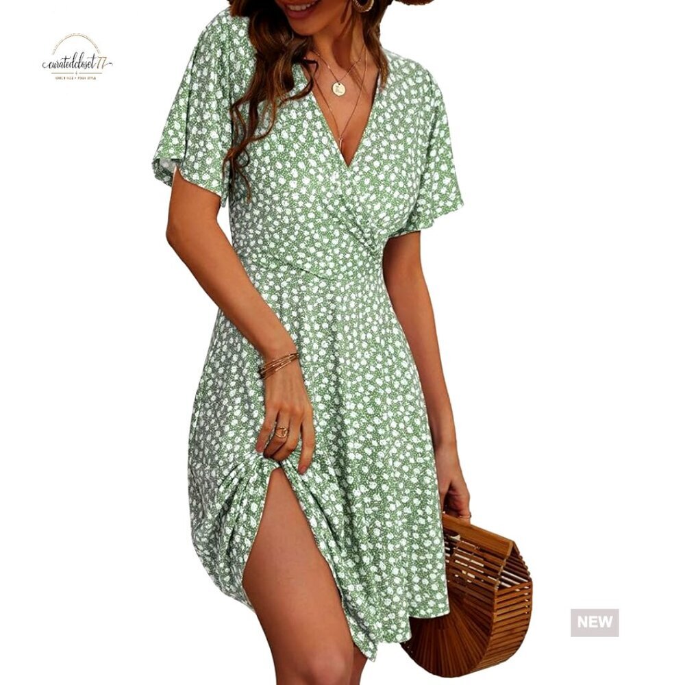 Women's Floral Wrap Sundress Short Sleeve A-Line Midi Summer Dress